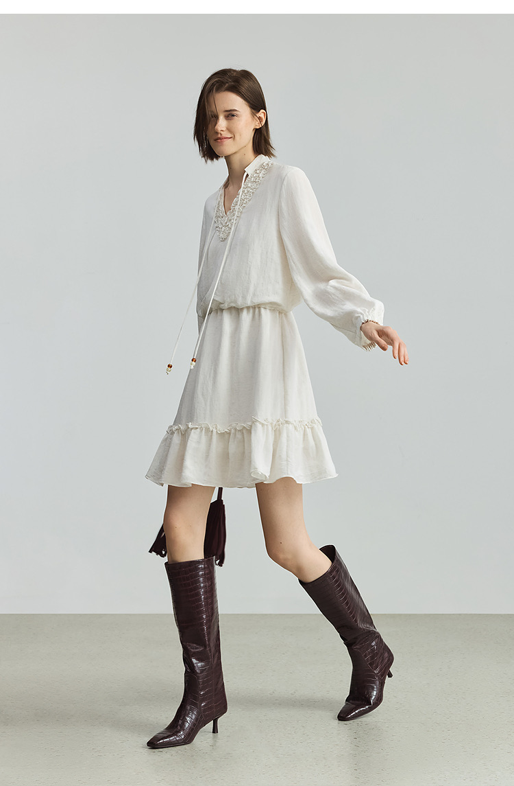 Vestido de Verão Feminino de Lazer Atacado com Saia de Babados, Cintura Elástica, Vestido de Camisa de Linho para Uso Casual e Oficial