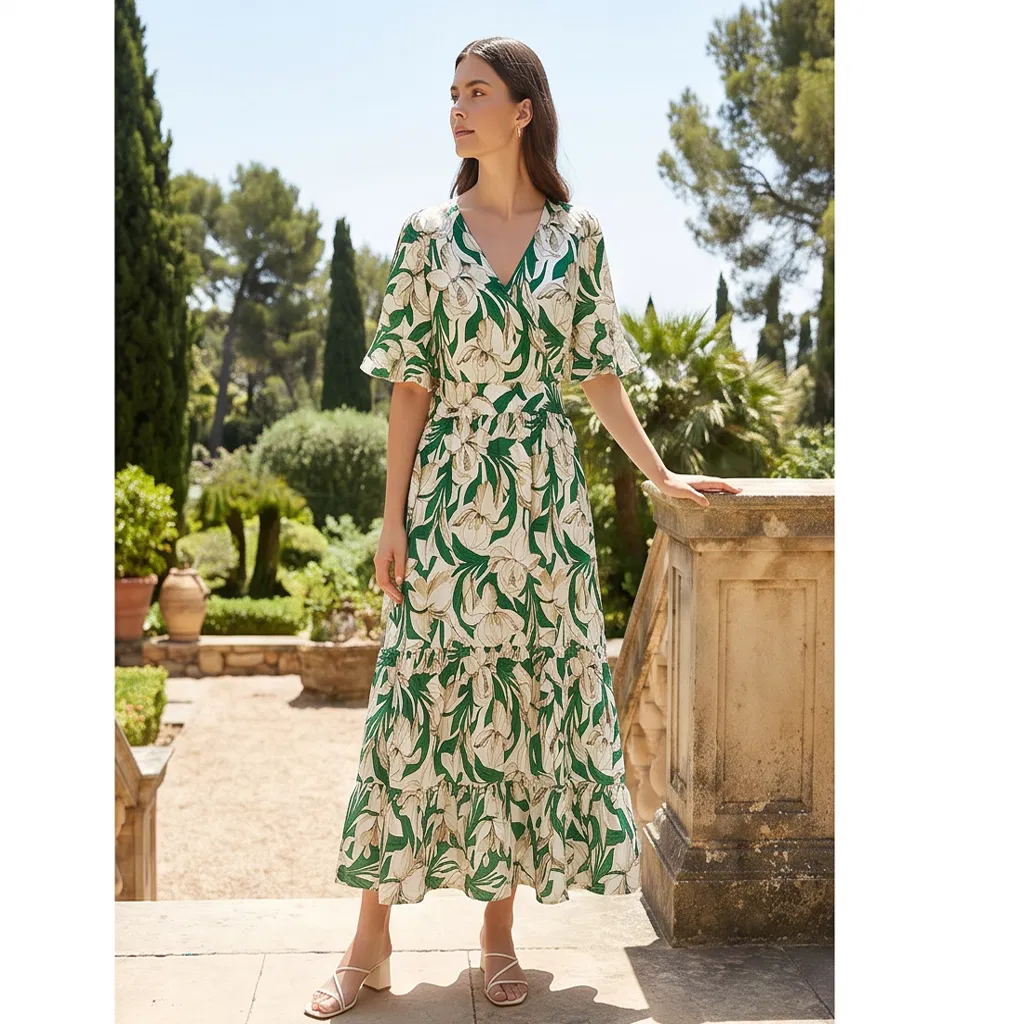 Vestido Midi Floral Verde Feminino com Decote em V, Mangas Curtas e Largadas, Cintura Império, Camadas de Renda, Vestido Longo Casual de Verão, Estampa Boho, Vestido Flowy para Férias