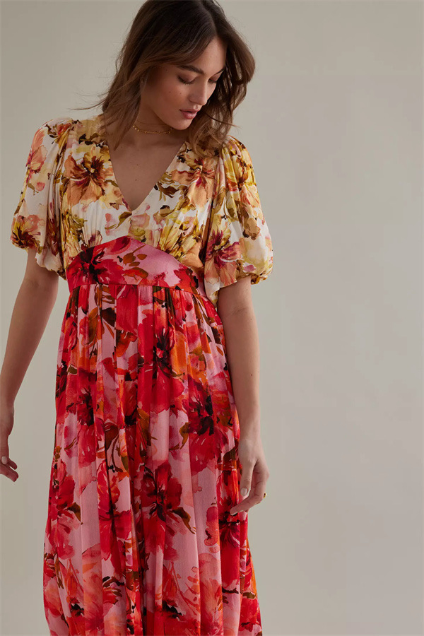 Vestido midi casual com mangas bufantes em contraste de cores, novo lançamento personalizado de fábrica