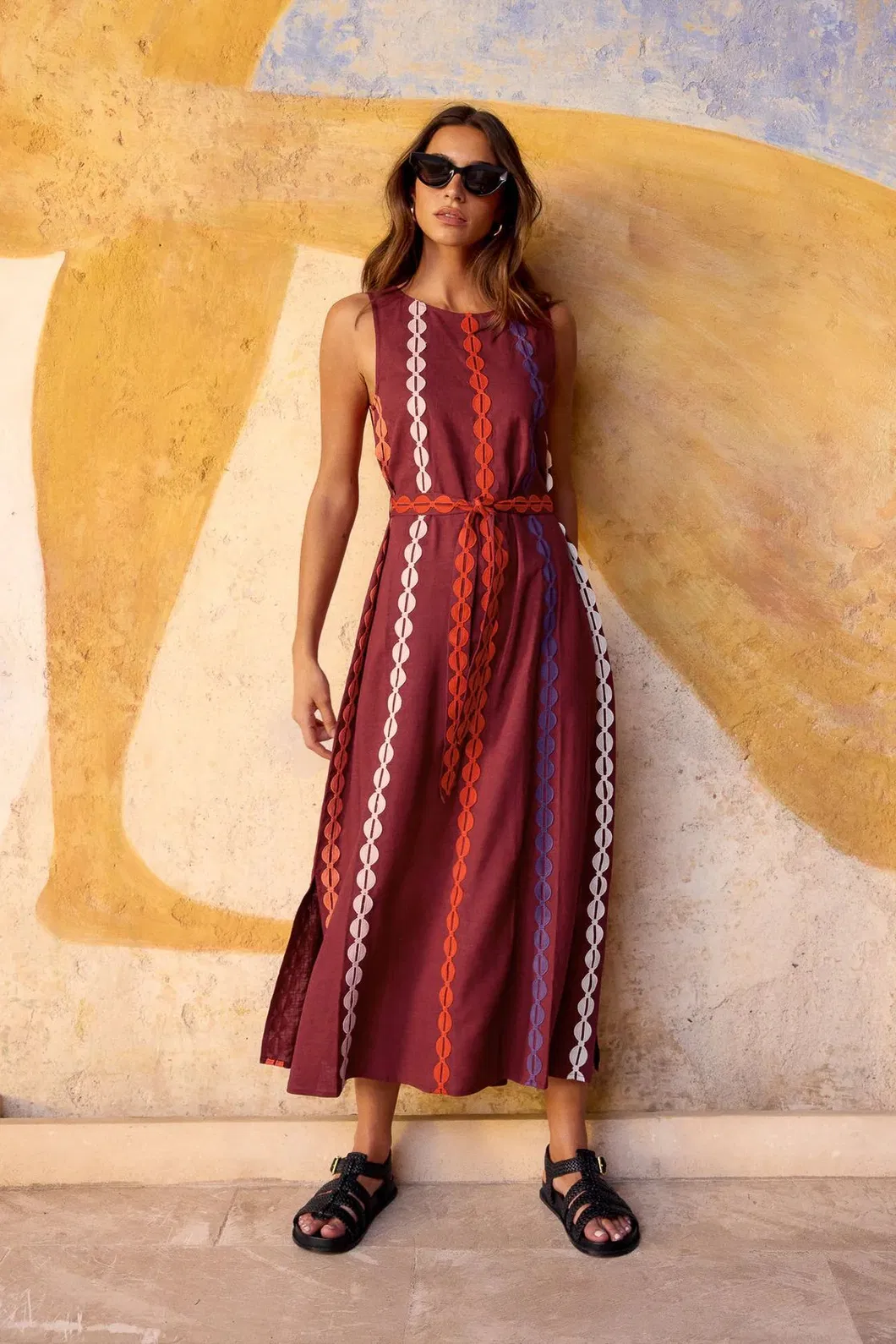 Vestido Longo Sem Mangas de Verão Personalizado para Mulheres, Estampa Digital, Vestidos Maxi Casuais com Cinto, Estilo Europeu, Moda Boutique, Roupas Femininas, Vestido de Algodão e Linho
