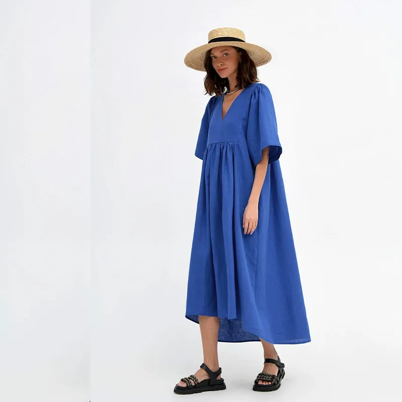 Vestido de Verão Casual Feminino de Linho com Decote em V, Manga Curta, Solto, A-Line, Cor Sólida, para o Dia a Dia