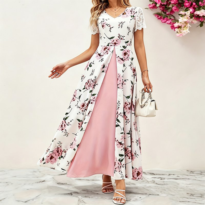 Vestido Maxi Floral para Mulheres com Decote em V, Renda, Mangas Curtas, Falso Dois Peças, Fenda Longa, Vestido Casual de Verão para Convidadas de Casamento, Vestido de Praia