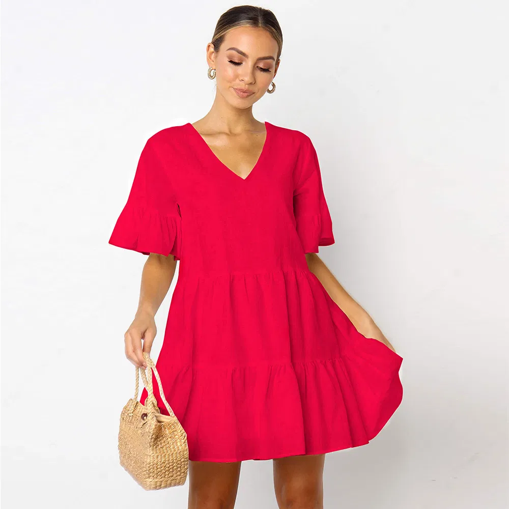 Melhores Vendas Vestido Casual Elegante Feminino de Manga Curta com Decote em V em Cores Sólidas Europeu e Americano