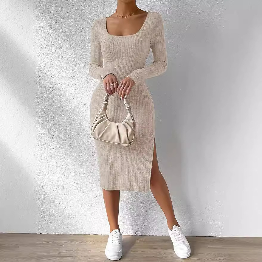 Americano Europeu Popular 2025spring Verão Novo Vestido Longo de Malha com Fenda de Manga Comprida e Gola Redonda Estilo Casual Justo Feminino