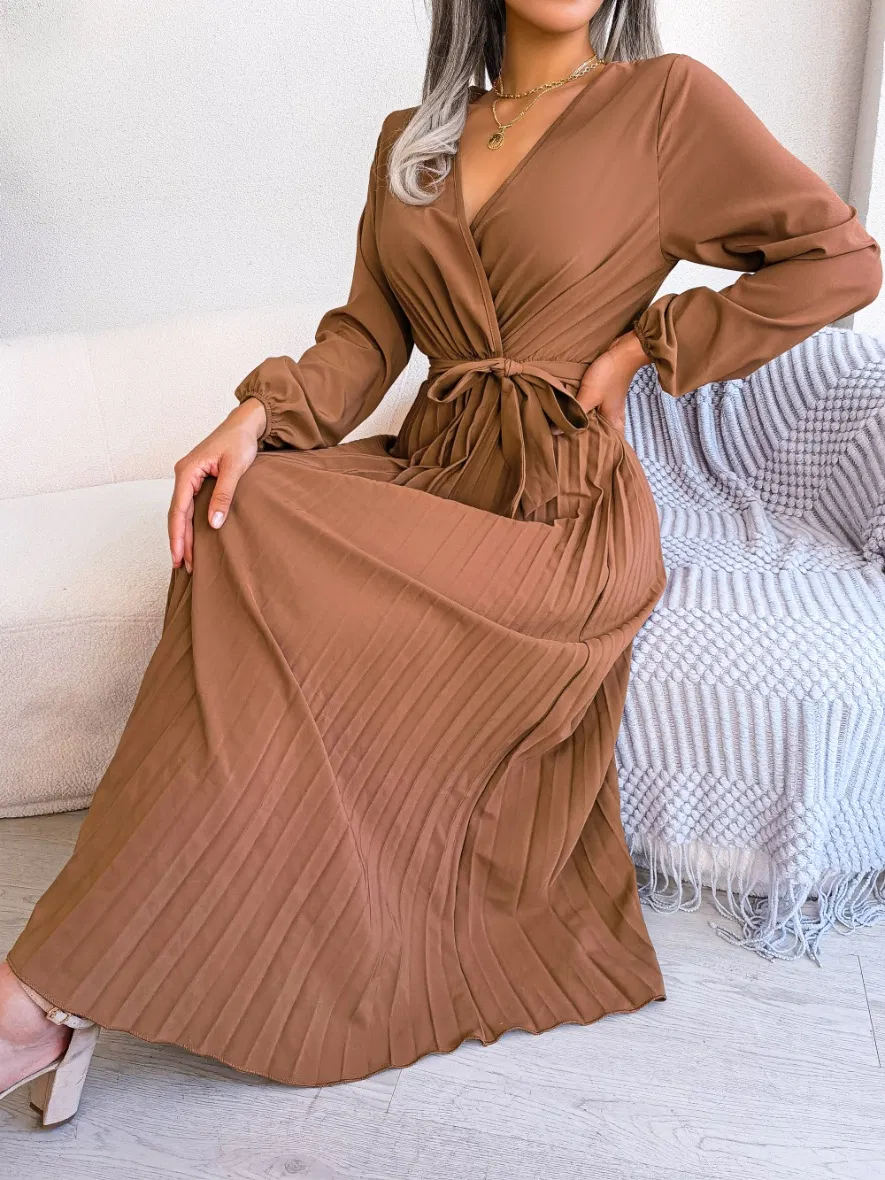 Novo Vestido Feminino de Manga Longa com Decote em V, com Cinto Amarrado e Plissado em Cor Sólida para Roupas Casuais Elegantes, Mercado de Moda da Europa, França e Itália