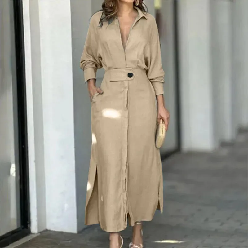 Vestido Feminino Elegante Manga Longa Lazer Cor Sólida Decote em V Sexy