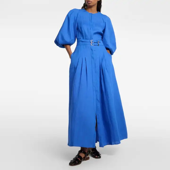 Venda por atacado de vestido casual de outono com mangas bufantes, botão frontal, cinto e pregas, vestido em mistura de algodão e linho, roupas femininas