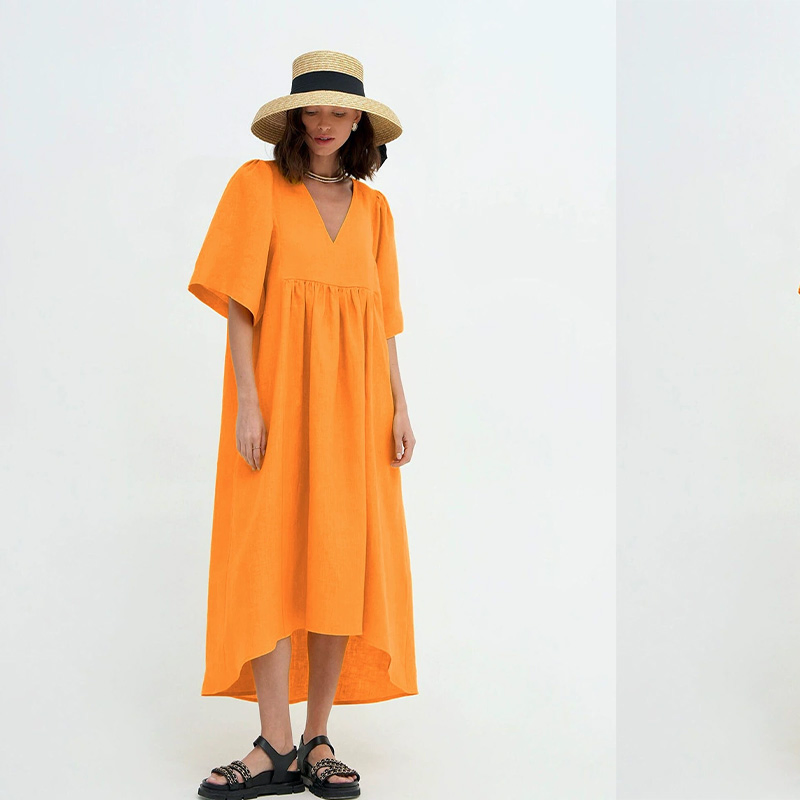 Vestido de Verão Casual Feminino de Linho com Decote em V, Manga Curta, Solto, A-Line, Cor Sólida, para o Dia a Dia