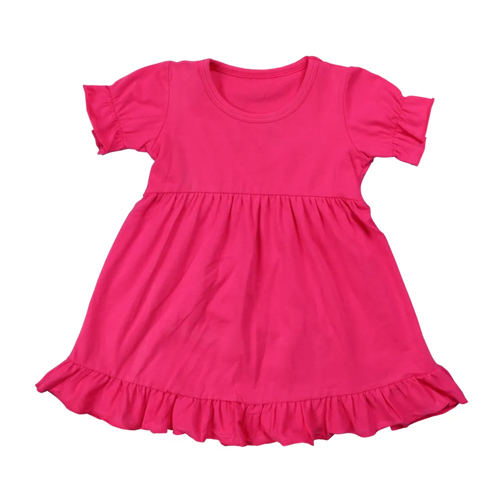 Vestido Casual de Verão Infantil de Manga Curta em Algodão Puro com Renda em Cores Sólidas