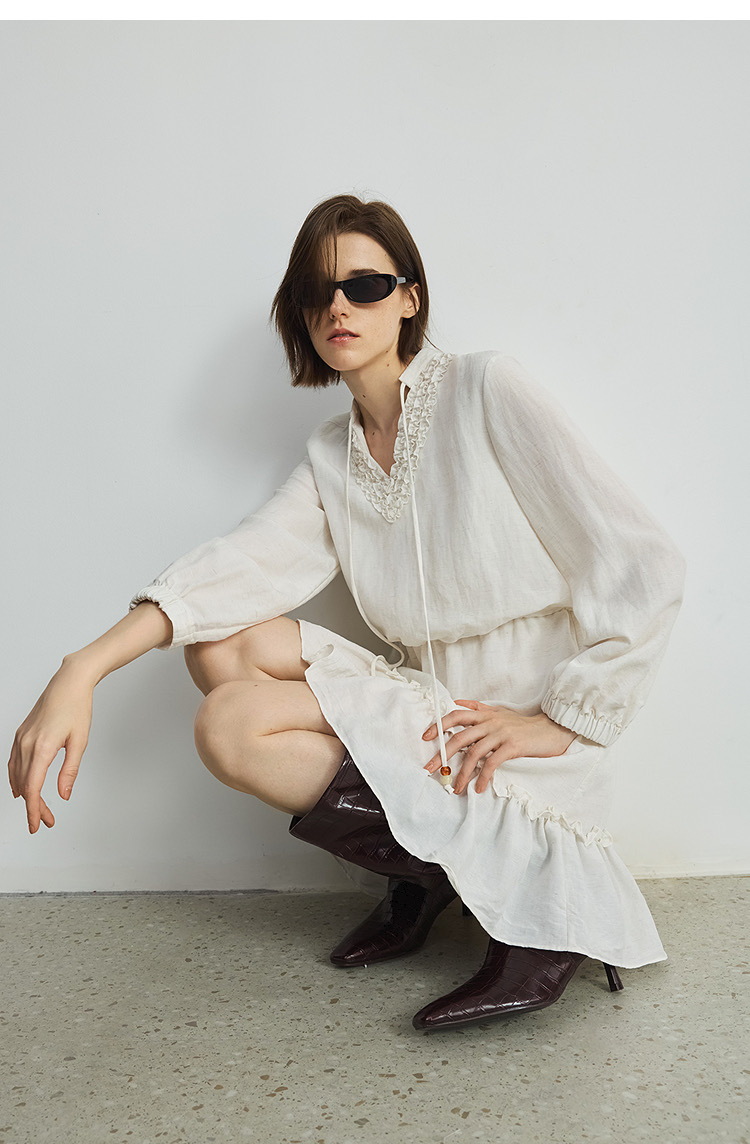 Vestido de Verão Feminino de Lazer Atacado com Saia de Babados, Cintura Elástica, Vestido de Camisa de Linho para Uso Casual e Oficial