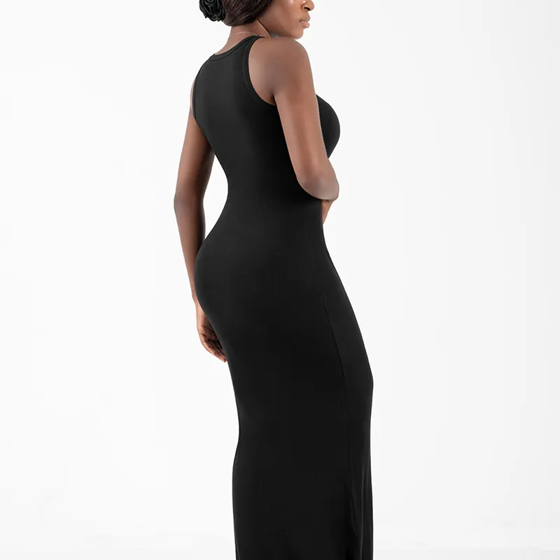 Vestido Maxi Casual Sem Mangas em Malha Ribana para Mulheres