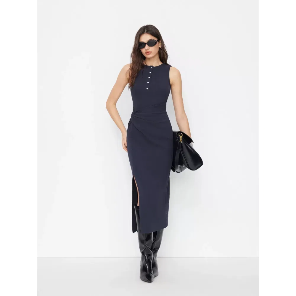 Vestido longo de malha slim fit sem mangas com decote redondo, nó torcido e fenda, feito de mistura de algodão, personalizado para mulheres, ideal para negócios, trabalho e casual
