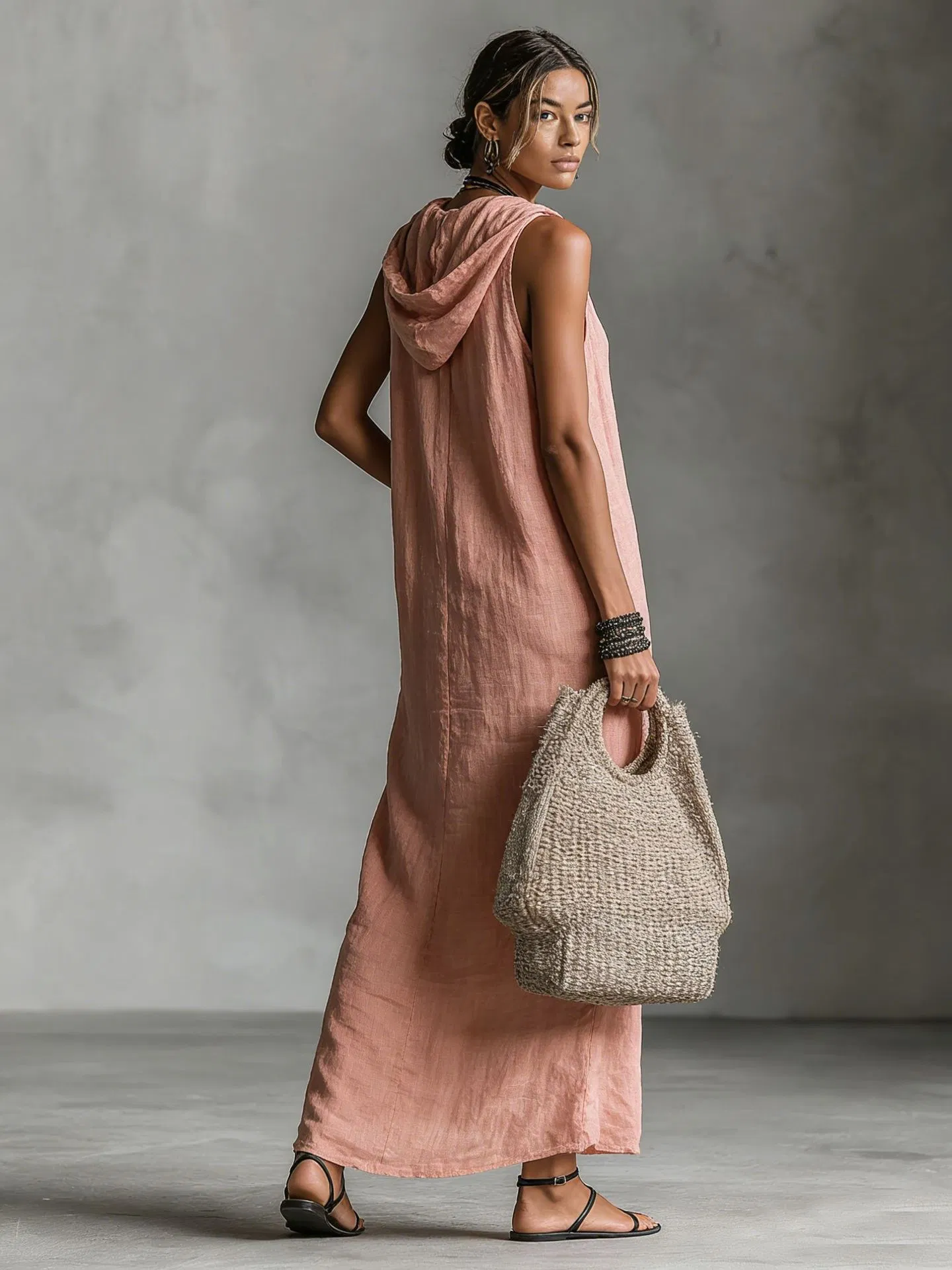 Vestido maxi sem mangas com capuz e botões na frente para mulheres