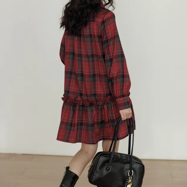 Vestido de Natal Estilo Xadrez Retrô Novo V-Neck Casual e Estiloso para Férias para Mulheres no Outono - Vista 3