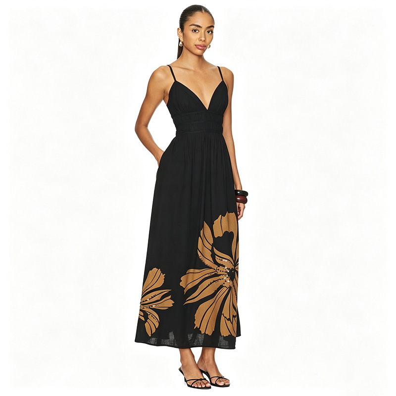 Vestido Midi de Vacança com Alças Finas, Decote em V, Cintura Ajustada, Floral Preto e Marrom, Feminino, OEM