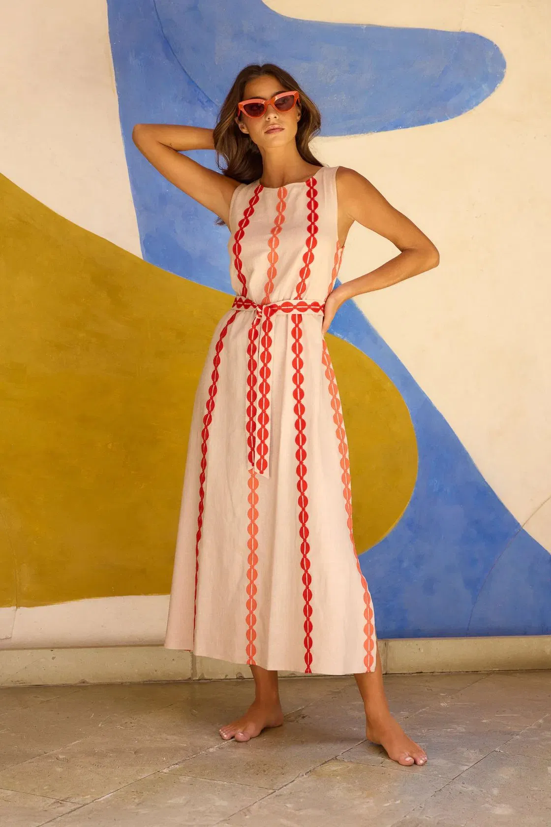 Vestido Longo Sem Mangas de Verão Personalizado para Mulheres, Estampa Digital, Vestidos Maxi Casuais com Cinto, Estilo Europeu, Moda Boutique, Roupas Femininas, Vestido de Algodão e Linho