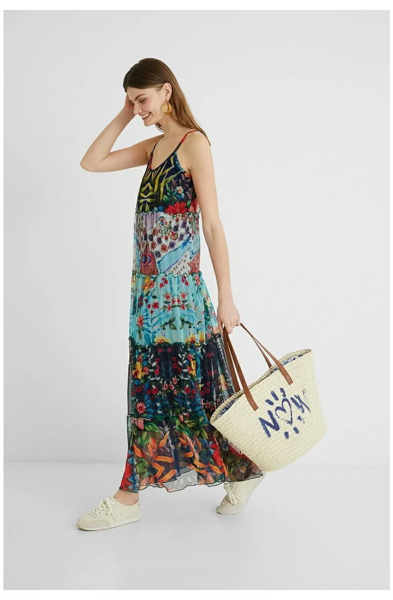 Novo Vestido Maxi Casual Solto de Malha Impressa com Decote Redondo para Mulheres