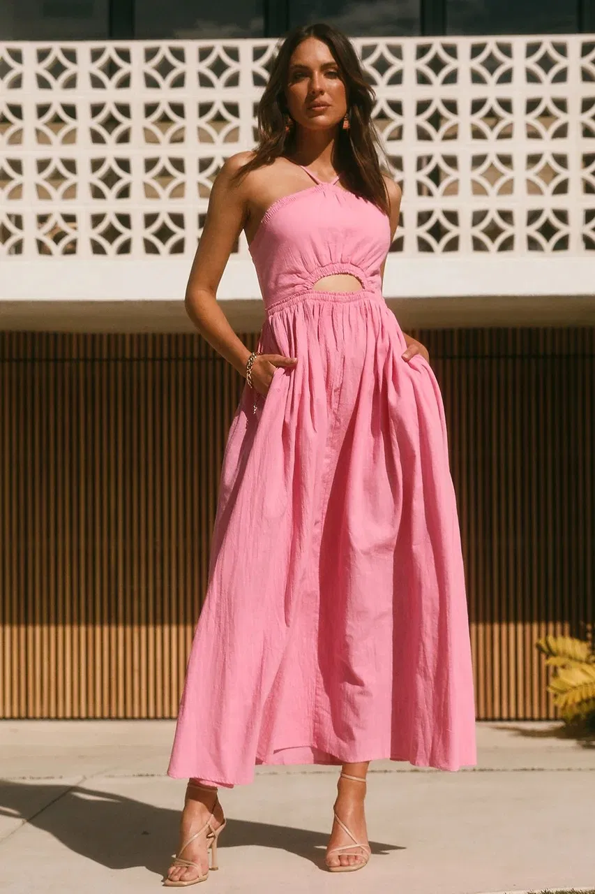 100% Vestido Casual Maxi de Comprimento de Joelho com Alças de Espaguete Ajustáveis, Decote Halter, Recorte na Cintura, Franzido no Bust, e Bolsos Laterais