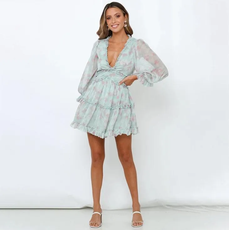 Vestido Casual de Manga Longa em V A-Line Boêmio para o Verão com Saia Curta