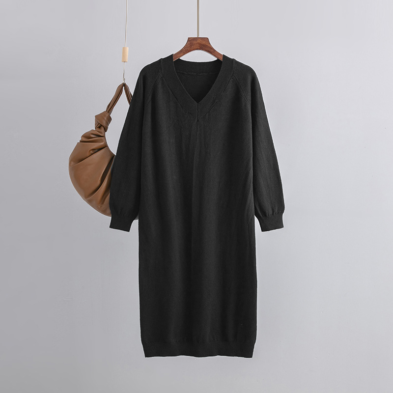 Vestido de malha solto de tamanho grande com decote em V casual para mulheres, outono e inverno