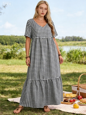 Vestido Maxi de Viscose Gingham Preto e Branco - Vestido Longo Casual Flowy de Verão Boho para Mulheres