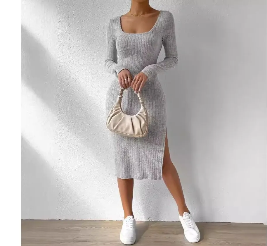 Americano Europeu Popular 2025spring Verão Novo Vestido Longo de Malha com Fenda de Manga Comprida e Gola Redonda Estilo Casual Justo Feminino