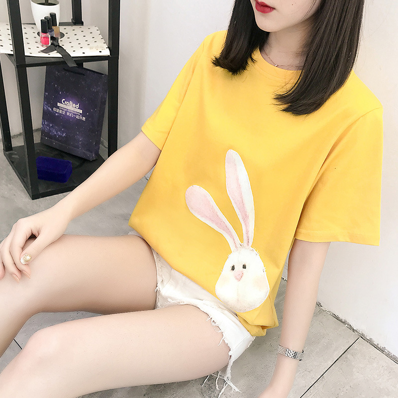 Blusas casuais femininas de impressão adorável de coelho, estilo coreano, feitas na China