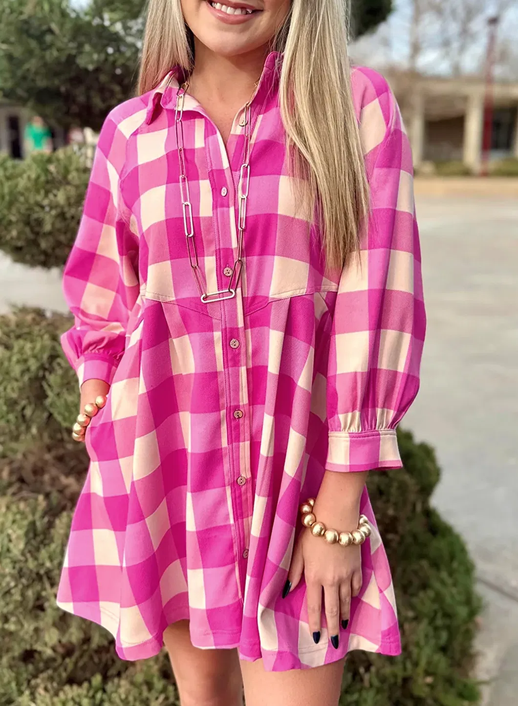 Camisa de Manga Bracelete com Gola Xadrez Vestidos Mini Flare para Mulheres Casual