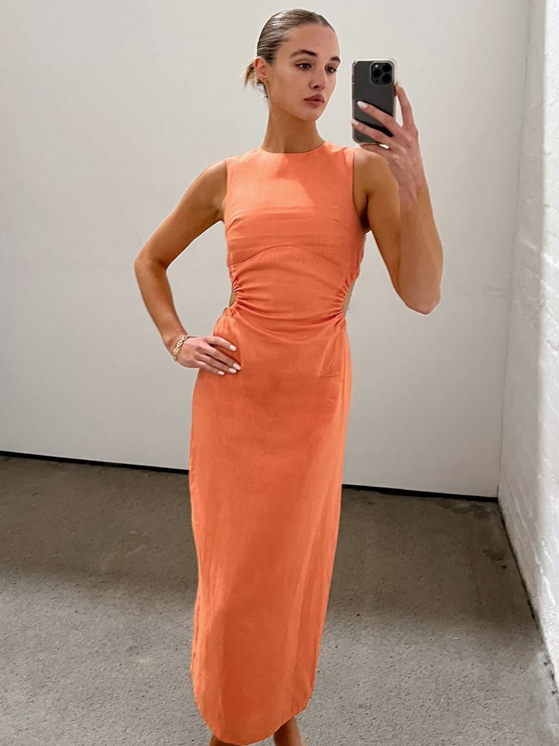 Vestido Midi Justo Sem Mangas com Alças para Mulheres, Costura Franzida, Costas Cortadas, Elegante, Casual, para Férias, Vestido Longo de Verão