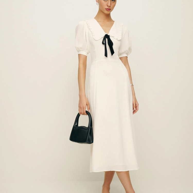 Vestido midi longo casual elegante de verão com gola Peter Pan, cintura alta, ajuste slim e mangas curtas brancas