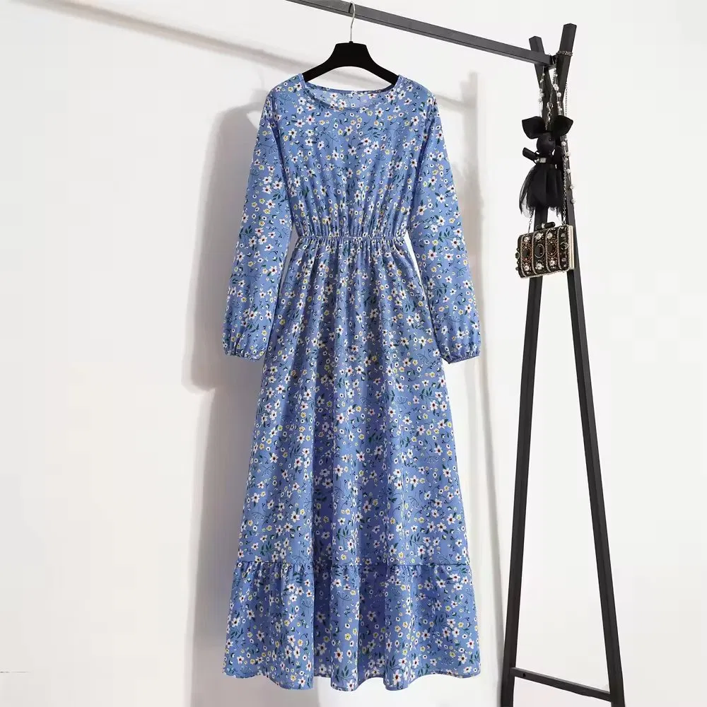Vestido Maxi Boho de Primavera Verão para Mulheres Airy, Mangas Longas, Delicados Designs Florais, Gola Redonda, Casual e Elegante para Festas na Praia