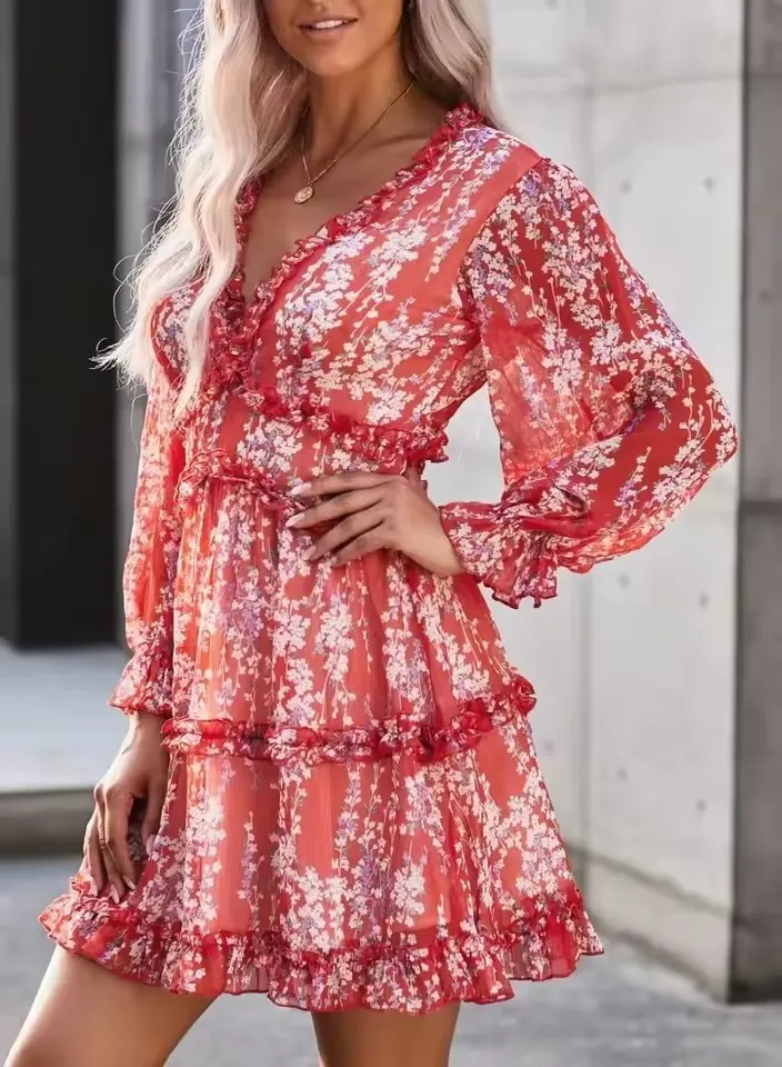 Vestido Casual de Manga Longa em V A-Line Boêmio para o Verão com Saia Curta