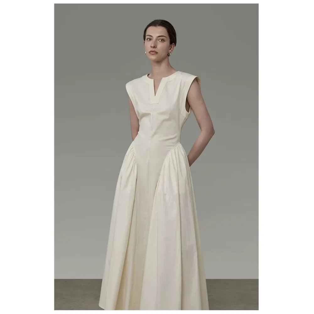 Vestido Maxi Branco de Algodão Sem Mangas para Trabalho Escritório Casual Personalizado Elegante para Mulheres Novo Design