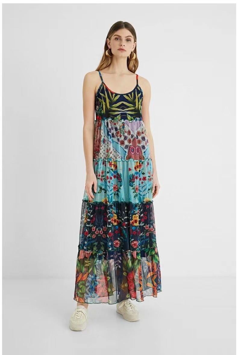 Novo Vestido Maxi Casual Solto de Malha Impressa com Decote Redondo para Mulheres