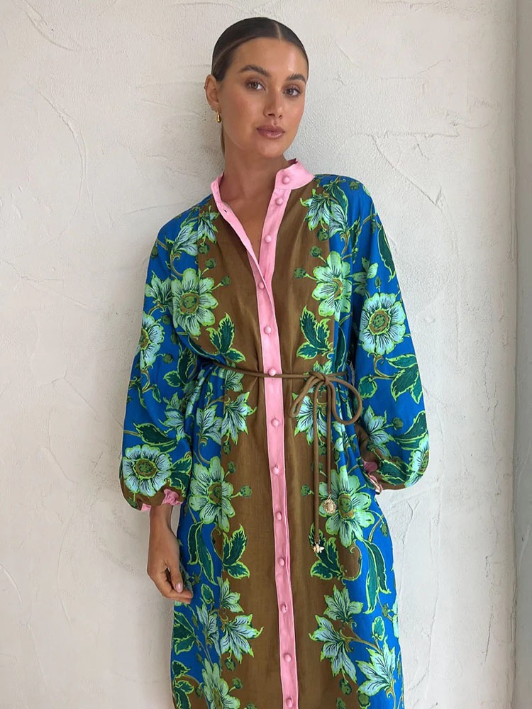 Moda Especial Interesse Alta Qualidade Vintage Estampado Estilo Férias Camisa Vestido Casual