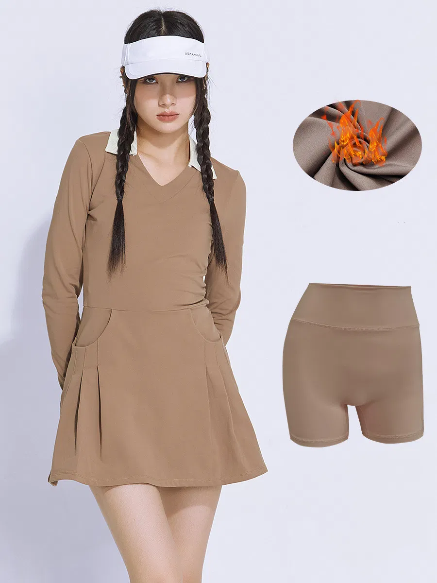 Saia de tênis de manga longa para outono e inverno, roupa de golfe feminina casual com bolso, vestido de tênis