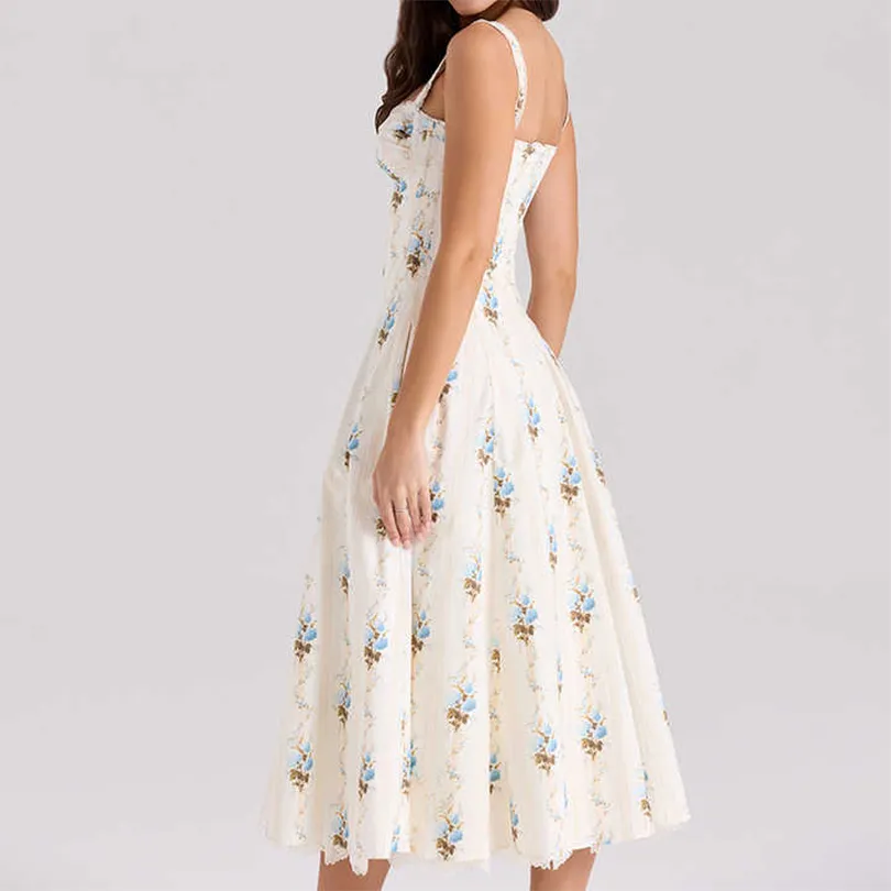 Casual Slip Dress Cream Floral Print Cotton Corset MIDI Dress