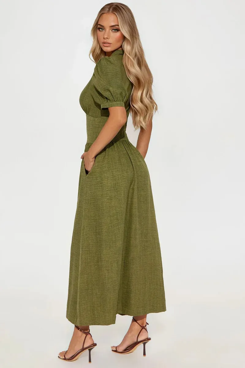 Vestido Maxi Longo de Linho Verde Oliva