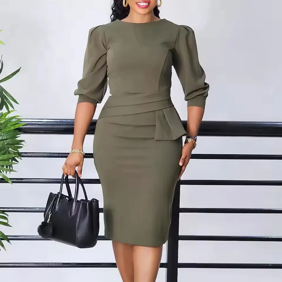 Vestido Formal Elegante de Comprimento Médio Casual Profissional de Manga Curta para Mulheres de Verão