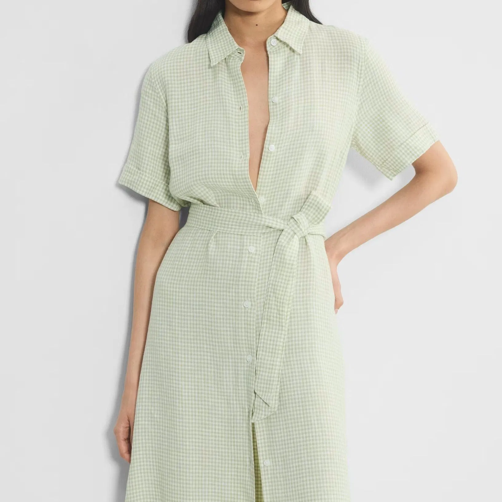 Vestido Casual Longo de Manga Curta com Cintura em Padrão de Cheque Verde Claro para Mulheres de Verão