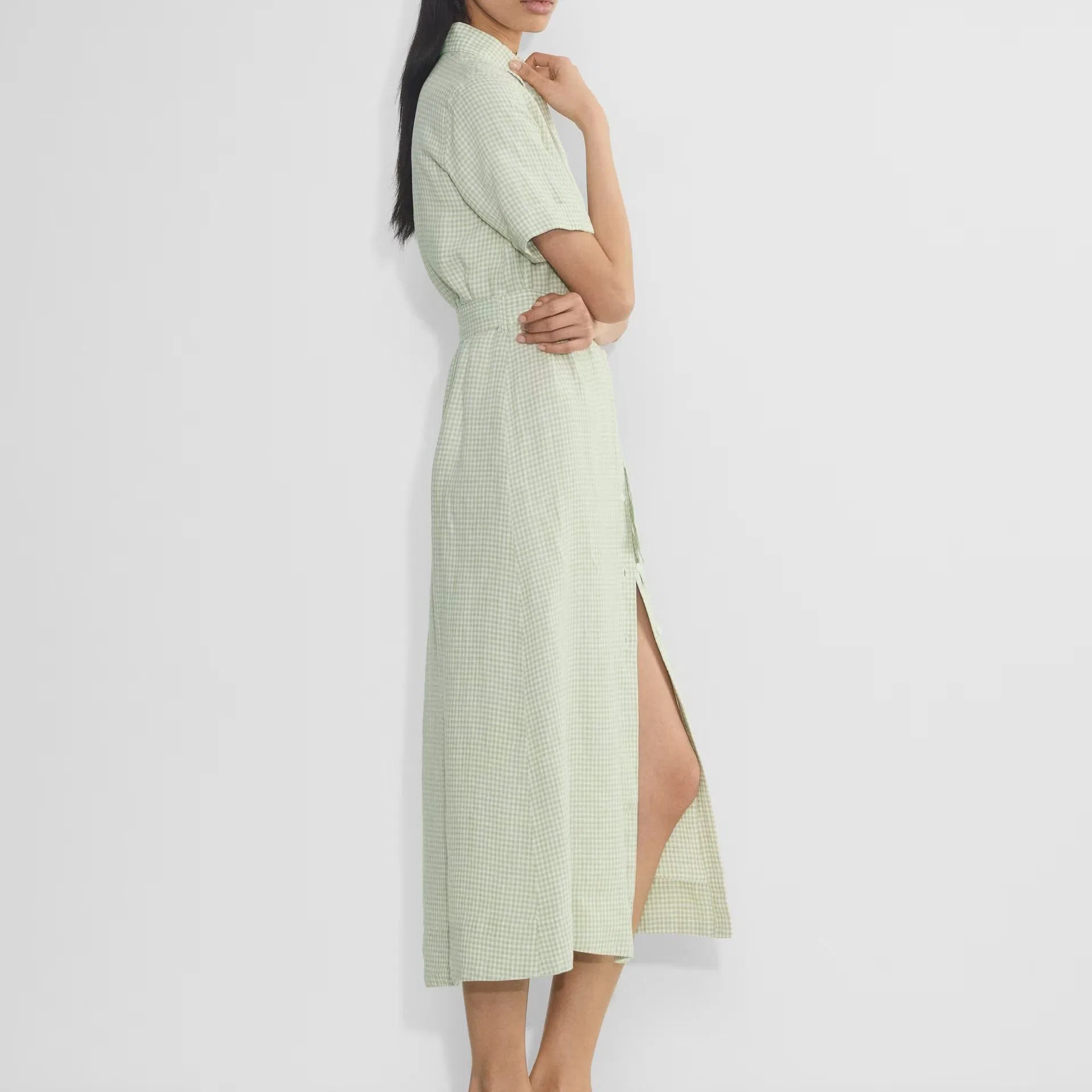Vestido Casual Longo de Manga Curta com Cintura em Padrão de Cheque Verde Claro para Mulheres de Verão