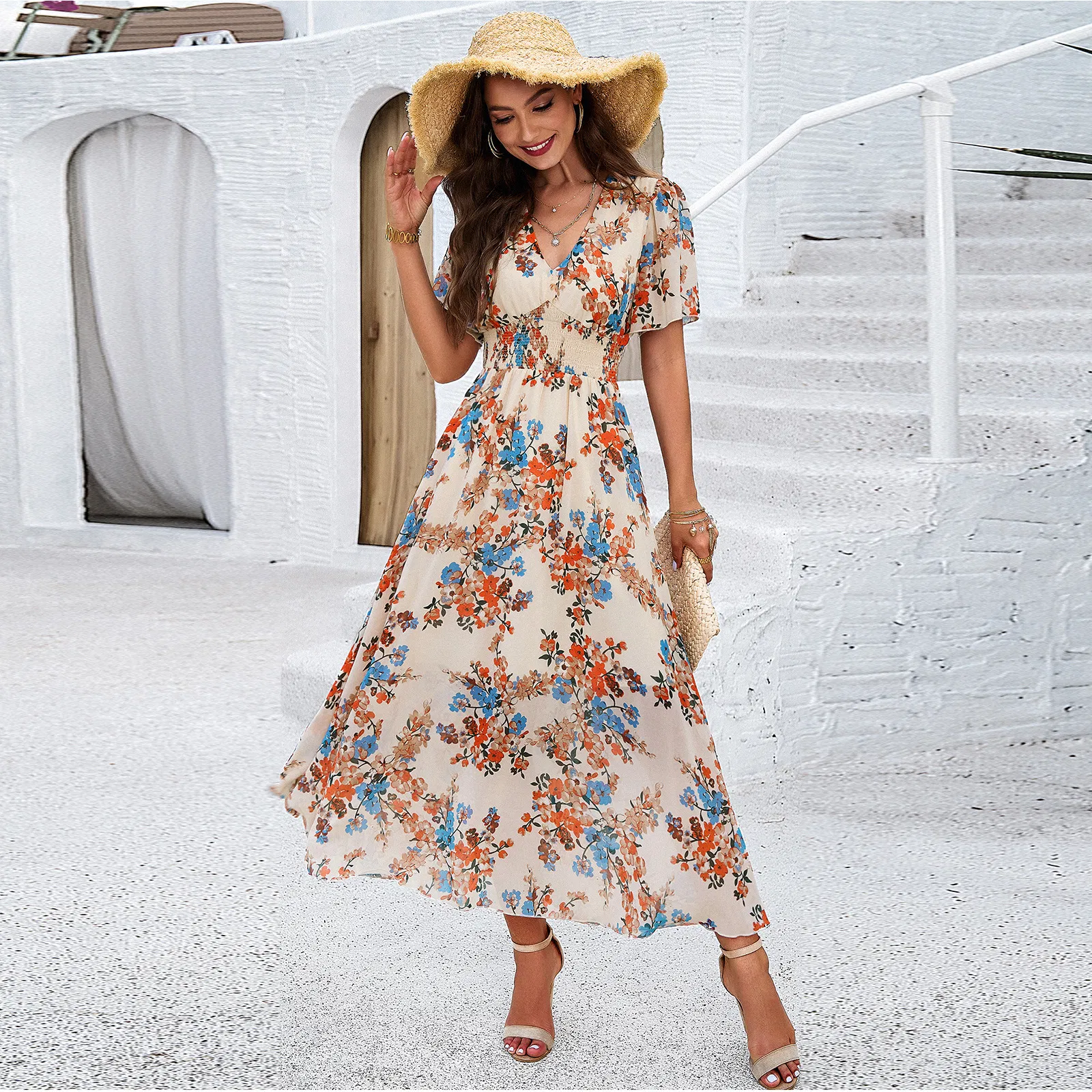 Vestido Floral com Decote em V para Mulheres