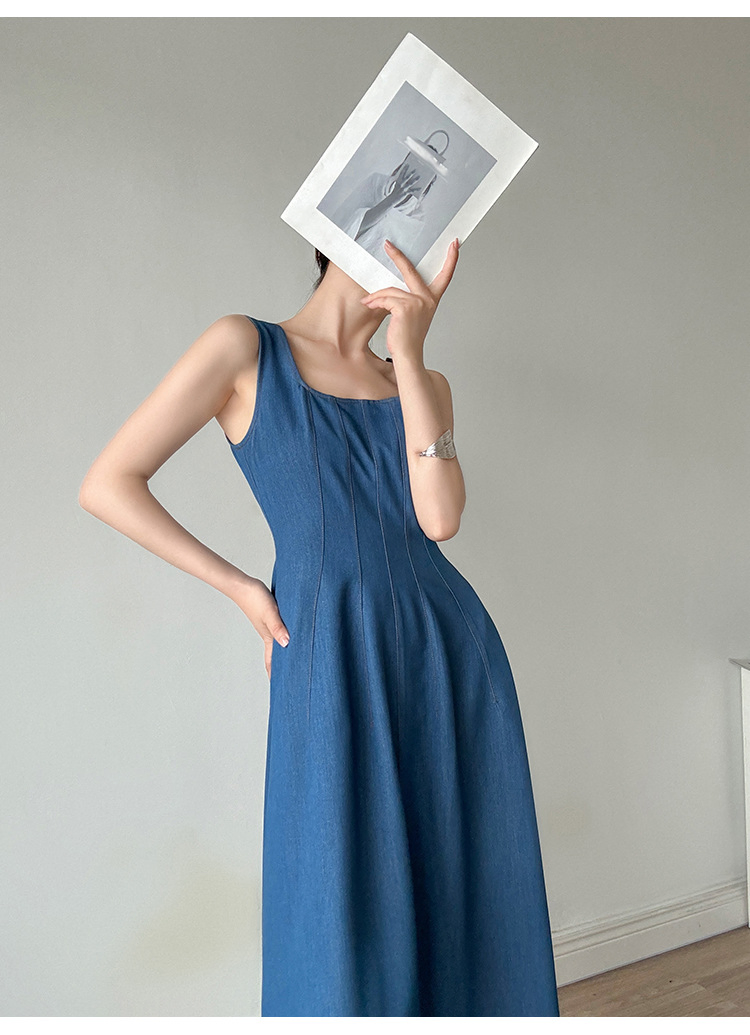 Vestido Maxi Azul com Decote Quadrado Elegante para Mulheres 2026 Verão, Vestido Longo Flare de Cintura Alta com Bolsos, Vestidos Casuais para Trabalho que Afinam para Praia Vacati