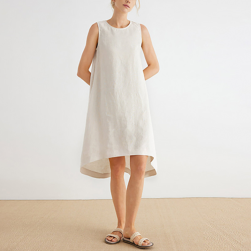 Vestido Casual Sem Mangas de Linho Puro Personalizado e Elegante para Mulheres