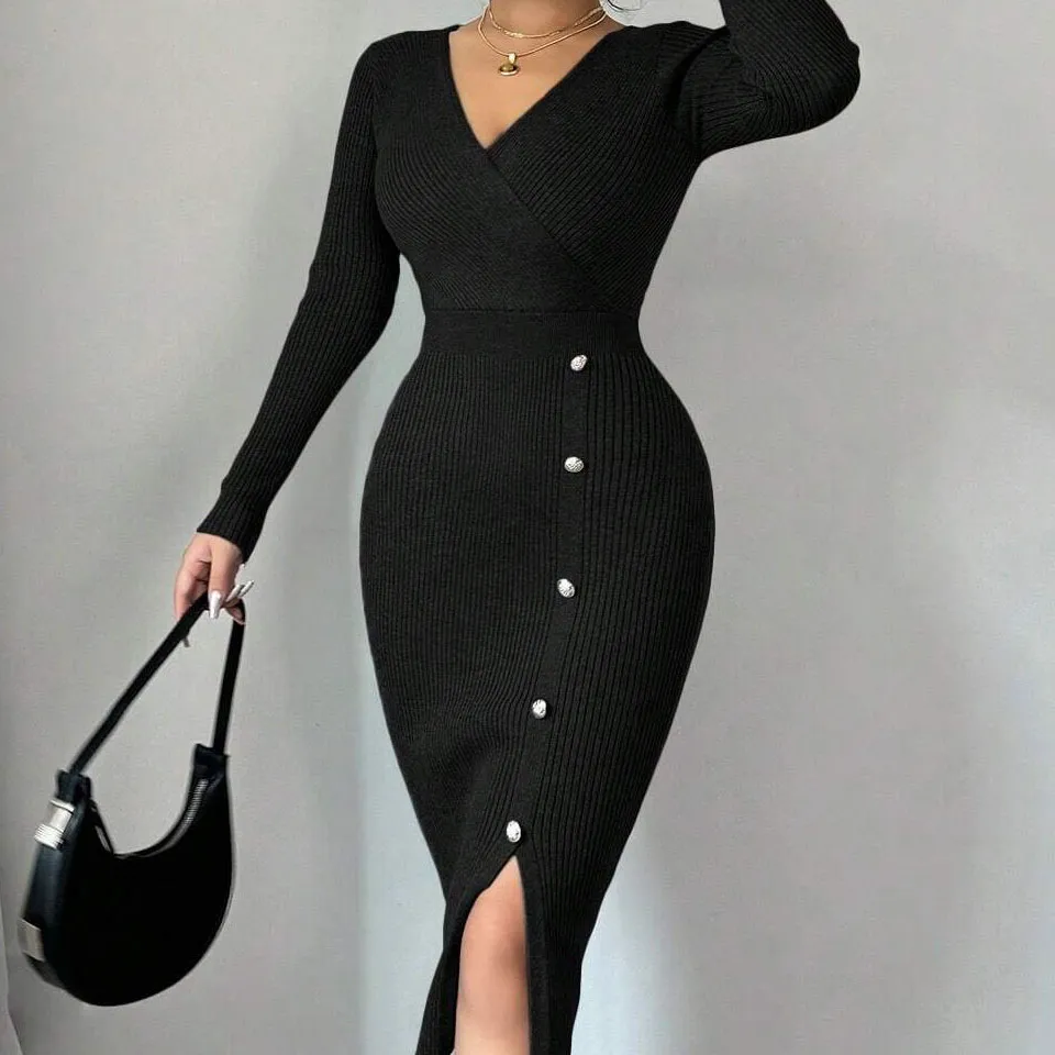 Vestido midi casual de malha com cintura natural em A francesa, com camada inferior justa e envoltório de quadril