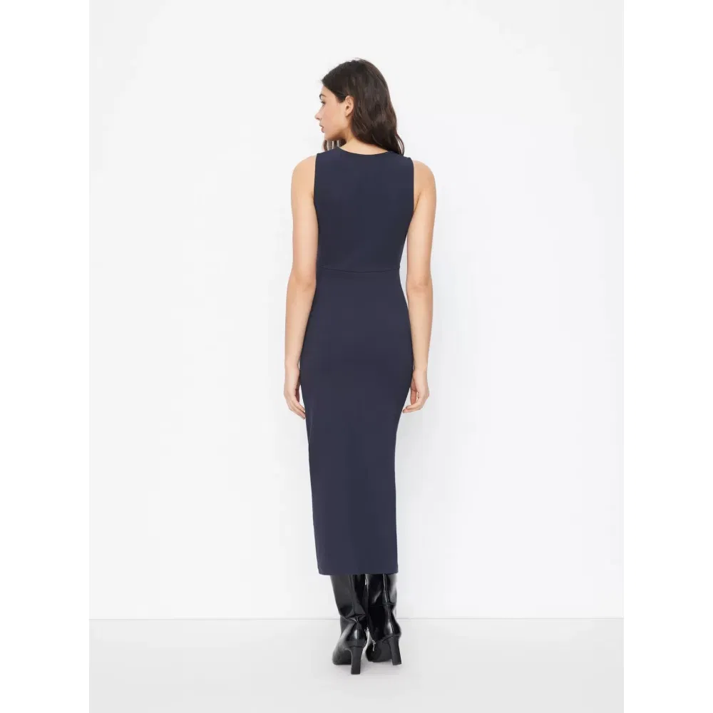 Vestido longo de malha slim fit sem mangas com decote redondo, nó torcido e fenda, feito de mistura de algodão, personalizado para mulheres, ideal para negócios, trabalho e casual