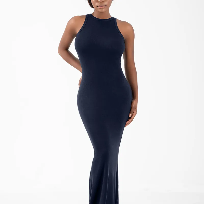 Vestido Maxi Casual Sem Mangas em Malha Ribana para Mulheres