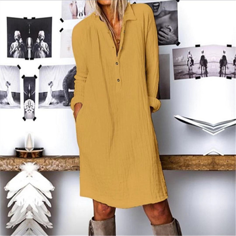Estilo Quente Primavera Outono Roupas Femininas Novo Vendido Quente Vestido Casual de Algodão Linho com Manga Longa e Lapela com Botão Cor Sólida Europeia