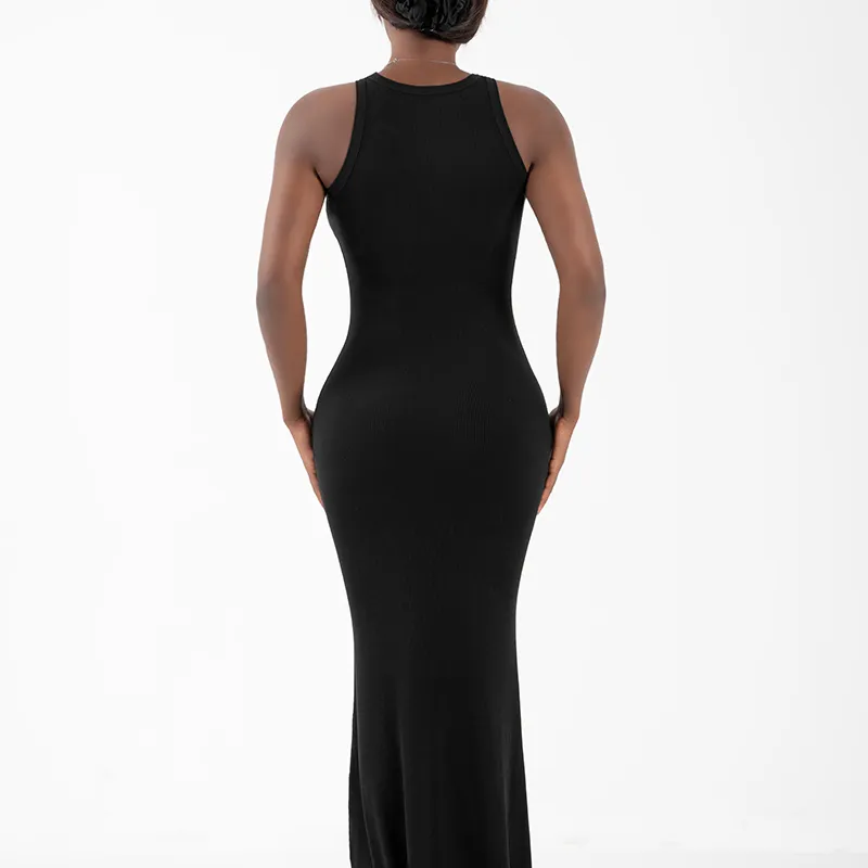 Vestido Maxi Casual Sem Mangas em Malha Ribana para Mulheres