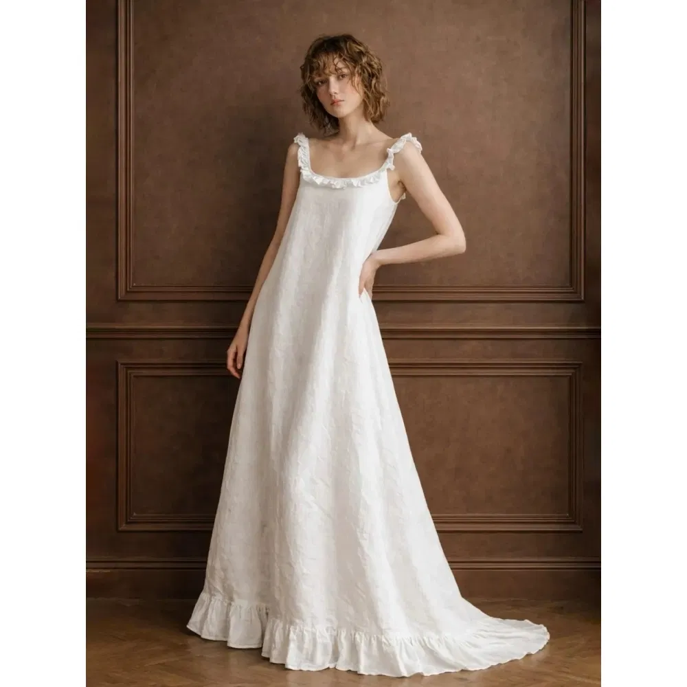 Vestido de Linho Personalizado por Atacado para Mulheres, Vestido Maxi de Alça Espaguete para Viagem, Resort e Praia, Roupas Femininas de Qualidade de Exportação